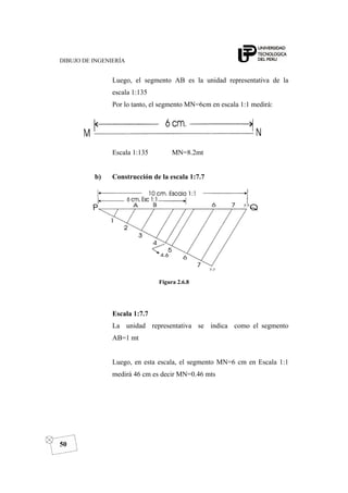 DIBUJO DE INGENIERÍA
50
Luego, el segmento AB es la unidad representativa de la
escala 1:135
Por lo tanto, el segmento MN=6cm en escala 1:1 medirá:
Escala 1:135 MN=8.2mt
b) Construcción de la escala 1:7.7
Figura 2.6.8
Escala 1:7.7
La unidad representativa se indica como el segmento
AB=1 mt
Luego, en esta escala, el segmento MN=6 cm en Escala 1:1
medirá 46 cm es decir MN=0.46 mts
 