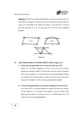 DIBUJO DE INGENIERÍA
58
Método 3: Desde P y con radio determinado se traza un arco que corte a la
recta AB en C. Desde C se traza otro arco con el mismo radio que vuelve a
cortar a la recta dada en D. Desde este punto y con radio PC se corta el
arco que pasa por C en E. La recta que une P con E será la paralela
perdida.
Figura 3.1
3.2 TRAZADO DE RECTAS PERPENDICULARES (Figura 3.2)
a. Trazar una perpendicular en el extremo de una recta AB
Desde B y con radio cualquiera se traza el arco CD. Con la misma
abertura de compás y desde C se traza otro arco que corta a la primera
en D; por los puntos C y D se hace pasar una recta prolongada. Desde
D y siempre con el mismo radio se traza un arco que corta a la recta en
el punto E. Uniendo E con B se tiene la perpendicular pedida.
b. Trazar una perpendicular en un punto cualquiera P de una recta
Con centro en P y con radio arbitrario se trazan dos arcos que cortan a
la recta dada en A y B. Desde estos puntos y con un mismo radio
mayor que el anterior, se trazan dos arco s con intersección en C. La
unión de C con P da la perpendicular.
 
