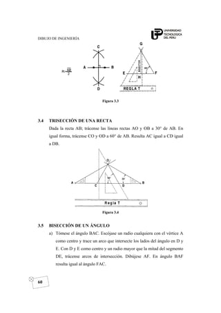DIBUJO DE INGENIERÍA
60
Figura 3.3
3.4 TRISECCIÓN DE UNA RECTA
Dada la recta AB; trácense las líneas rectas AO y OB a 30° de AB. En
igual forma, trácense CO y OD a 60° de AB. Resulta AC igual a CD igual
a DB.
Figura 3.4
3.5 BISECCIÓN DE UN ÁNGULO
a) Tómese el ángulo BAC. Escójase un radio cualquiera con el vértice A
como centro y trace un arco que intersecte los lados del ángulo en D y
E. Con D y E como centro y un radio mayor que la mitad del segmento
DE, trácense arcos de intersección. Dibújese AF. En ángulo BAF
resulta igual al ángulo FAC.
 