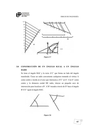 DIBUJO DE INGENIERÍA
63
Figura 3.7
3.8 CONSTRUCCIÓN DE UN ÁNGULO IGUAL A UN ÁNGULO
DADO
Se tiene el ángulo BAC y la recta A’C’ que forma un lado del ángulo
transferido. Úsese un radio conveniente cualquiera tomando al vértice A
como centro e incida en el arco que intersecta a A’C’ en E’. Con E’ como
centro y la distancia cordal DE radio, trácese un pequeño arco de
intersección para localizar a D’. A’B’ trazada a través de D’ hace el ángulo
B’A’C’ igual al ángulo BAC.
Figura 3.8
 