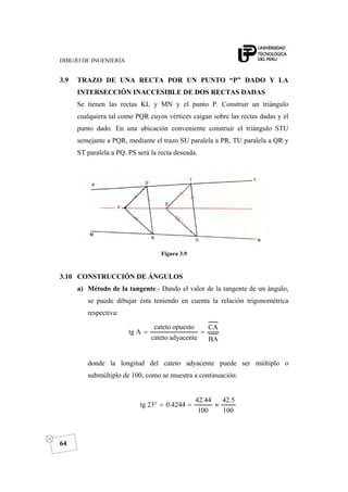 DIBUJO DE INGENIERÍA
64
3.9 TRAZO DE UNA RECTA POR UN PUNTO “P” DADO Y LA
INTERSECCIÓN INACCESIBLE DE DOS RECTAS DADAS
Se tienen las rectas KL y MN y el punto P. Construir un triángulo
cualquiera tal como PQR cuyos vértices caigan sobre las rectas dadas y el
punto dado. En una ubicación conveniente construir el triángulo STU
semejante a PQR, mediante el trazo SU paralela a PR, TU paralela a QR y
ST paralela a PQ. PS será la recta deseada.
Figura 3.9
3.10 CONSTRUCCIÓN DE ÁNGULOS
a) Método de la tangente.- Dando el valor de la tangente de un ángulo,
se puede dibujar ésta teniendo en cuenta la relación trigonométrica
respectiva:
BA
CA
adyacentecateto
opuestocateto
Atg ==
donde la longitud del cateto adyacente puede ser múltiplo o
submúltiplo de 100, como se muestra a continuación:
100
5.42
100
44.42
4244.023tg ≈==°
 