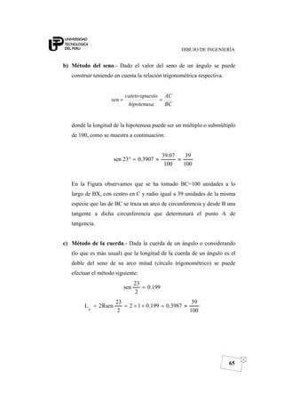 DIBUJO DE INGENIERÍA
65
b) Método del seno.- Dado el valor del seno de un ángulo se puede
construir teniendo en cuenta la relación trigonométrica respectiva.
BC
AC
hipotenusa
opuestocateto
sen ==
donde la longitud de la hipotenusa puede ser un múltiplo o submúltiplo
de 100, como se muestra a continuación:
100
39
100
07.39
3907.023sen ≈≈=°
En la Figura observamos que se ha tomado BC=100 unidades a lo
largo de BX, con centro en C y radio igual a 39 unidades de la misma
especie que las de BC se traza un arco de circunferencia y desde B una
tangente a dicha circunferencia que determinará el punto A de
tangencia.
c) Método de la cuerda.- Dada la cuerda de un ángulo o considerando
(lo que es más usual) que la longitud de la cuerda de un ángulo es el
doble del seno de su arco mitad (círculo trigonométrico) se puede
efectuar el método siguiente:
199.0
2
23
sen =
100
39
3987.0199.012
2
23
Rsen2Lc
≈=××==
 