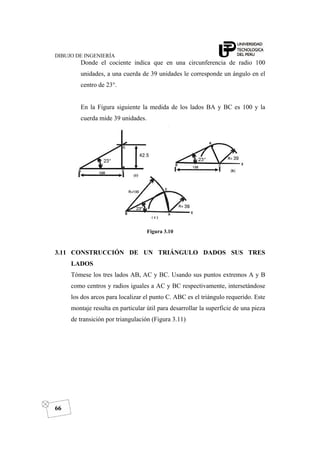 DIBUJO DE INGENIERÍA
66
Donde el cociente indica que en una circunferencia de radio 100
unidades, a una cuerda de 39 unidades le corresponde un ángulo en el
centro de 23°.
En la Figura siguiente la medida de los lados BA y BC es 100 y la
cuerda mide 39 unidades.
Figura 3.10
3.11 CONSTRUCCIÓN DE UN TRIÁNGULO DADOS SUS TRES
LADOS
Tómese los tres lados AB, AC y BC. Usando sus puntos extremos A y B
como centros y radios iguales a AC y BC respectivamente, intersetándose
los dos arcos para localizar el punto C. ABC es el triángulo requerido. Este
montaje resulta en particular útil para desarrollar la superficie de una pieza
de transición por triangulación (Figura 3.11)
 
