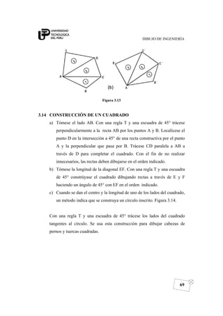 DIBUJO DE INGENIERÍA
69
Figura 3.13
3.14 CONSTRUCCIÓN DE UN CUADRADO
a) Tómese el lado AB. Con una regla T y una escuadra de 45° trácese
perpendicularmente a la recta AB por los puntos A y B. Localícese el
punto D en la intersección a 45° de una recta constructiva por el punto
A y la perpendicular que pasa por B. Trácese CD paralela a AB a
través de D para completar el cuadrado. Con el fin de no realizar
innecesarios, las rectas deben dibujarse en el orden indicado.
b) Tómese la longitud de la diagonal EF. Con una regla T y una escuadra
de 45° constrúyase el cuadrado dibujando rectas a través de E y F
haciendo un ángulo de 45° con EF en el orden indicado.
c) Cuando se dan el centro y la longitud de uno de los lados del cuadrado,
un método indica que se construya un círculo inscrito. Figura 3.14.
Con una regla T y una escuadra de 45° trácese los lados del cuadrado
tangentes al círculo. Se usa esta construcción para dibujar cabezas de
pernos y tuercas cuadradas.
 