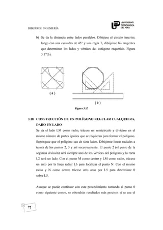 DIBUJO DE INGENIERÍA
72
b) Se da la distancia entre lados paralelos. Dibújese el círculo inscrito;
luego con una escuadra de 45° y una regla T, dibújense las tangentes
que determinan los lados y vértices del octágono requerido. Figura
3.17(b).
Figura 3.17
3.18 CONSTRUCCIÓN DE UN POLÍGONO REGULAR CUALQUIERA,
DADO UN LADO
Se da el lado LM como radio, trácese un semicírculo y divídase en el
mismo número de partes iguales que se requieran para formar el polígono.
Supóngase que el polígono sea de siete lados. Dibújense líneas radiales a
través de los puntos 2, 3 y así sucesivamente. El punto 2 (el punto de la
segunda división) será siempre uno de los vértices del polígono y la recta
L2 será un lado. Con el punto M como centro y LM como radio, trácese
un arco por la línea radial L6 para localizar el punto N. Con el mismo
radio y N como centro trácese otro arco por L5 para determinar 0
sobre L5.
Aunque se puede continuar con este procedimiento tomando el punto 0
como siguiente centro, se obtendrán resultados más precisos si se usa el
 