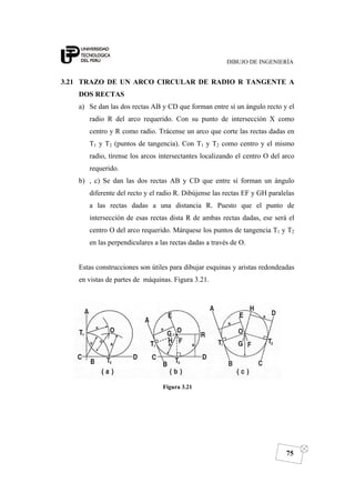 DIBUJO DE INGENIERÍA
75
3.21 TRAZO DE UN ARCO CIRCULAR DE RADIO R TANGENTE A
DOS RECTAS
a) Se dan las dos rectas AB y CD que forman entre sí un ángulo recto y el
radio R del arco requerido. Con su punto de intersección X como
centro y R como radio. Trácense un arco que corte las rectas dadas en
T1 y T2 (puntos de tangencia). Con T1 y T2 como centro y el mismo
radio, tírense los arcos intersectantes localizando el centro O del arco
requerido.
b) , c) Se dan las dos rectas AB y CD que entre sí forman un ángulo
diferente del recto y el radio R. Dibújense las rectas EF y GH paralelas
a las rectas dadas a una distancia R. Puesto que el punto de
intersección de esas rectas dista R de ambas rectas dadas, ese será el
centro O del arco requerido. Márquese los puntos de tangencia T1 y T2
en las perpendiculares a las rectas dadas a través de O.
Estas construcciones son útiles para dibujar esquinas y aristas redondeadas
en vistas de partes de máquinas. Figura 3.21.
Figura 3.21
 