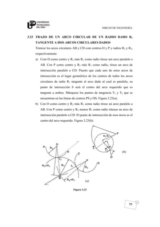 DIBUJO DE INGENIERÍA
77
3.23 TRAZO DE UN ARCO CIRCULAR DE UN RADIO DADO R1
TANGENTE A DOS ARCOS CIRCULARES DADOS
Tómese los arcos circulares AB y CD com centros O y P y radios R2 y R3,
respectivamente.
a) Com O como centro y R2 más R1 como radio tírese um arco paralelo a
AB. Con P como centro y R3 más R1 como radio, tírese un arco de
intersección paralelo a CD: Puesto que cada uno de estos arcos de
intersección es el lugar geométrico de los centros de todos los arcos
circulares de radio R1 tangente al arco dado al cual es paralelo, su
punto de intersección S será el centro del arco requerido que es
tangente a ambos. Márquese los puntos de tangencia T1 y T2 que se
encuentran en las líneas de centros PS y OS. Figura 3.23(a).
b) Con O como centro y R2 más R1 como radio tírese un arco paralelo a
AB. Con P como centro y R3 menos R1 como radio trácese un arco de
intersección paralelo a CD. El punto de intersección de esos arcos es el
centro del arco requerido. Figura 3.23(b).
Figura 3.23
(b)
(a)
 