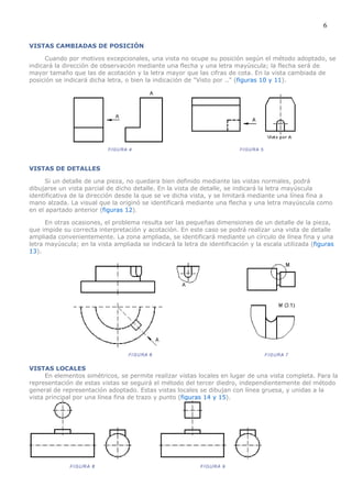 6

VISTAS CAMBIADAS DE POSICIÓN

      Cuando por motivos excepcionales, una vista no ocupe su posición según el método adoptado, se
indicará la dirección de observación mediante una flecha y una letra mayúscula; la flecha será de
mayor tamaño que las de acotación y la letra mayor que las cifras de cota. En la vista cambiada de
posición se indicará dicha letra, o bien la indicación de "Visto por .." (figuras 10 y 11).




VISTAS DE DETALLES

      Si un detalle de una pieza, no quedara bien definido mediante las vistas normales, podrá
dibujarse un vista parcial de dicho detalle. En la vista de detalle, se indicará la letra mayúscula
identificativa de la dirección desde la que se ve dicha vista, y se limitará mediante una línea fina a
mano alzada. La visual que la originó se identificará mediante una flecha y una letra mayúscula como
en el apartado anterior (figuras 12).

      En otras ocasiones, el problema resulta ser las pequeñas dimensiones de un detalle de la pieza,
que impide su correcta interpretación y acotación. En este caso se podrá realizar una vista de detalle
ampliada convenientemente. La zona ampliada, se identificará mediante un círculo de línea fina y una
letra mayúscula; en la vista ampliada se indicará la letra de identificación y la escala utilizada (figuras
13).




VISTAS LOCALES
      En elementos simétricos, se permite realizar vistas locales en lugar de una vista completa. Para la
representación de estas vistas se seguirá el método del tercer diedro, independientemente del método
general de representación adoptado. Estas vistas locales se dibujan con línea gruesa, y unidas a la
vista principal por una línea fina de trazo y punto (figuras 14 y 15).
 