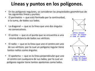Líneas y puntos en los polígonos.
• En los polígonos regulares, se consideran las propiedades geométricas de
  las siguientes líneas y puntos:
• El perímetro — que está formado por la continuidad,
  o la suma, de todos sus lados.

• La diagonal — que es la línea que une dos ángulos
  no consecutivos.

• El centro — que es el punto que se encuentra a una
  misma distancia de todos sus vértices.

• El radio — que es la línea que une el centro con uno
   de sus vértices; por lo cual un polígono regular tiene
  tantos radios como ángulos.

• El apotema — que es la línea perpendicular que une
  el centro con cualquiera de sus lados; por lo cual un
 polígono regular tiene tantos apotemas como lados.
 
