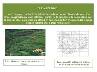 CURVAS DE NIVEL. Línea compleja, resultante de intersecar el relieve por un plano horizontal. Son líneas imaginarias que unen diferentes puntos de la superficie a la misma altura por lo que son útiles para saber a la altitud en que estamos. Son líneas cerradas y nunca pueden cortarse unas a otras ni bifurcarse. 
Foto del terreno real a representar en un mapa 
Representación del terreno anterior en un mapa con curvas de nivel  