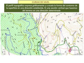 CURVAS DE NIVEL 
El perfil topográfico expresa gráficamente y a escala la forma del contorno de la superficie en una dirección establecida. Es una sección vertical que hacemos del terreno en una dirección determinada.  