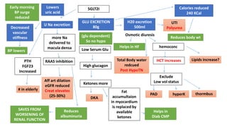 SGLT2I
GLU EXCRETION
80g
U Na excretion
H20 excretion
500ml
Osmotic diuresis
Helps in HF hemoconc
HCT increases
Exclude
Low vol status
PAD hyperK
Low Serum Glu
(glu dependent)
So no hypo
High glucagon
Calories reduced
240 KCal
Reduces body wt
Total Body water
redcued
Post HypoTN
more Na
delivered to
macula densa
RAAS inhibition
Aff art dilation
eGFR reduced
Creat elevates
(25-30%) thormbus
PTH
FGF23
Increased
# in elderly
Ketones more
DKA
Fat
accumultaion
in myocardium
is replaced by
available
ketones
Helps in
Diab CMP
Decreased
vascular
stiffness
Reduces
albuminuria
UTI
Polyurea
BP lowers
Lowers
uric acid
Early morning
BP surge
reduced
Lipids increase?
SAVES FROM
WORSENING OF
RENAL FUNCTION
 