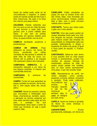 fúseis da cadeia pode variar se as       CANELADO. Estão caneladas as
circunstâncias o exigirem. A cadeia      peças em que os bordos livres não
posta em banda consta de três fuzis e    são linhas retas, mas formadas por
dois meios-fuzis. Na pala e na faixa     arcos semicirculares miúdos, postos
tem menos uma peça inteira.              lado a lado, com a parte convexa
                                         voltada para o exterior.
CALDEIRA. Panela esferóide que
tem um arco ou aro em volta da boca,     CANTANTE. Termo que indica estar
o qual termina a cada lado num           o galo com o bico aberto.
gancho com a ponta voltada para
baixo. A asa tem as pontas               CANTÃO. Uma das quatro partes do
terminadas em gancho voltado para        campo deixadas livres pela cruz chã,
cima, os quais entram nos do arco.       nos ângulos do escudo, numeradas
                                         pela mesma ordem das divisões do
CAMELO. docilidade, paciência e          esquartelado ou designadas pela sua
perseverança.                            posição relativamente à direita e
                                         esquerda do chefe e da ponta. É igual
CAMISA      DE      ARMAS.    Peça       à nona parte do escudo. V. Franco-
defensiva do tronco, em forma de         cantão.
túnica,   constituída  por   várias
camadas de tela grossa e coberta de      CANTONADO. Aplica-se este termo
rede feita de tiras de couro cru.        à cruz quando uma ou mais peças
Descia até os joelhos e as mangas        móveis a acompanham, postas nos
não passavam abaixo dos cotovelos.       cantões do escudo. Diverge de
                                         acantonado, embora se trate de
CAMPANHA        DIMINUTA.    É   a       quatro peças postas nos cantões,
campanha reduzida a um terço da          pois no caso acima acompanham
sua largura ordinária. O mesmo que       uma peça, o que não sucede neste.
contrachefe diminuto.
                                         CÃO. Representa-se de perfil, em
CAMPANHA.        É    sinônimo     de    várias posições, como parado,
contrachefe.                             passante, corrente, deitado, rampante
                                         e sentado. Pode estar coleirado,
CAMPO. Fundo em que assentam as
                                         circunstância que
peças contidas no escudo. Se for liso,
                                         precisa         de
isto é, sem peças sobre ele, diz-se
                                         menção. Quando
pleno.
                                         é cão de fila
CANEIRO. Nome do caminho coberto         chama-se
que circundava a fortificação sem        também, alão. O
fosso, chamando-se, também, assim,       galgo se designa
a elevação do terreno existente em       por este nome.
todo esse caminho pela parte de fora
                                         CAPELA. Assim se chama a grinalda
para     o     proteger. Na     sua
                                         de flores de cores diversas e
representação deve tapar a porta de
                                         folhagem verde.
modo que somente se veja a parte
superior dela.                           CARAPETEIRO.                  Árvore
                                         grandemente estilizada, em forma de
 