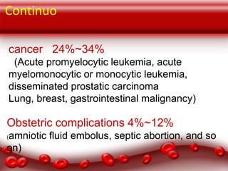 Continuo
cancer 24%~34%
(Acute promyelocytic leukemia, acute
myelomonocytic or monocytic leukemia,
disseminated prostatic carcinoma
Lung, breast, gastrointestinal malignancy)

Obstetric complications 4%~12%
amniotic fluid embolus, septic abortion, and so
on)
(

 