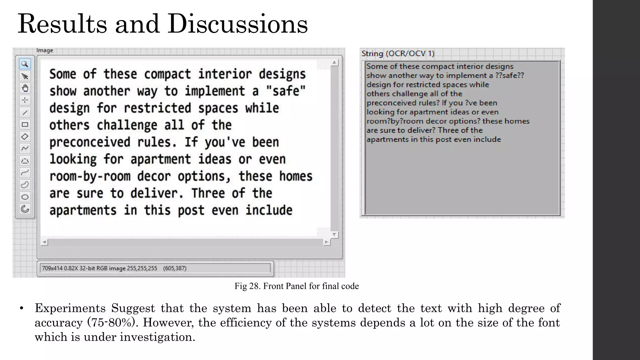 Results and Discussions
• Experiments Suggest that the system has been able to detect the text with high degree of
accuracy (75-80%). However, the efficiency of the systems depends a lot on the size of the font
which is under investigation.
Fig 28. Front Panel for final code
 