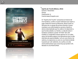 Espíritu	
  de	
  Triunfo	
  (México,	
  2012)	
  
Estreno	
  7	
  diciembre              	
         	
  	
  
Drama	
  
Clasiﬁcación:	
  b	
  	
  
Fuente	
  www.Cinepolis.com	
  
	
  
En	
  “Espíritu	
  De	
  Triunfo”	
  conocemos	
  la	
  historia	
  de	
  
tres	
  hombres,	
  Luisillo	
  un	
  joven	
  talentoso	
  que	
  aspira	
  a	
  
jugar	
  futbol	
  de	
  manera	
  profesional,	
  Álvaro	
  quien	
  es	
  
direcGvo	
  de	
  un	
  equipo	
  de	
  primera	
  división	
  y	
  quien	
  
manGene	
  una	
  enfermedad	
  en	
  secreto	
  y	
  David	
  un	
  
obrero	
  desempleado	
  que	
  ha	
  caído	
  en	
  la	
  depresión	
  y	
  
que	
  ha	
  descuidado	
  a	
  su	
  familia.	
  La	
  vida	
  de	
  estos	
  3	
  
hombres	
  cambiará	
  cuando	
  “El	
  Profe”	
  (Eric	
  del	
  
CasGllo)	
  un	
  enigmáGco	
  taxista	
  aparece	
  en	
  sus	
  vidas,	
  
quien	
  les	
  brindara	
  apoyo	
  y	
  les	
  demostrará	
  que	
  la	
  vida	
  
está	
  llena	
  de	
  oportunidades.	
  La	
  fe	
  en	
  uno	
  mismo,	
  los	
  
valores	
  y	
  la	
  esperanza	
  se	
  unen	
  en	
  una	
  historia	
  donde	
  
la	
  pasión	
  por	
  salir	
  adelante,	
  los	
  sueños	
  y	
  la	
  vida	
  
misma	
  demuestran	
  que	
  nunca	
  hay	
  que	
  perder	
  la	
  fe.	
  
Basada	
  en	
  una	
  Historia	
  Real.
 