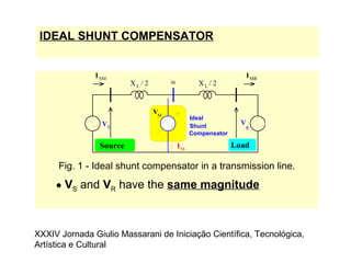 IDEAL SHUNT COMPENSATOR
Fig. 1 - Ideal shunt compensator in a transmission line.
• VS and VR have the same magnitude
VS
V
R
VM
X / 2LX / 2L
M
I ISM MR
Ideal
Shunt
IM
Compensator
Source Load
XXXIV Jornada Giulio Massarani de Iniciação Científica, Tecnológica,
Artística e Cultural
 