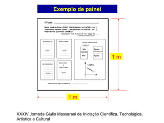 TÍTULO: .......................................................................................
Maria José da Silva (PIBIC, CNPq-Balcão, ou FAPERJ, ou…)
João Pedro Pereira (PIBIC, CNPq-Balcão, ou FAPERJ, ou…)
Pedro Paulo Quadrado (PIBIC)(1)
Orientador: Prof. Fulano de Tal / Dept. de ……..
- (1)
bolsista de 09/99 a 02/00
)
1
APOIO FINANCEIRO AO PROJETO :.............................................
METODOLOGIA
texto
INTRODUÇÃO
texto
RESULTADOS
texto
DISCUSSÃO
E
CONCLUSÕES
texto
foto
FOTOS, GRÁFICOS OU
TABELAS
foto figura
figura
Gráfico
1 m
1 m
Exemplo de painel
XXXIV Jornada Giulio Massarani de Iniciação Científica, Tecnológica,
Artística e Cultural
 
