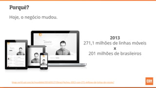 Por que?
2013
271,1 milhões de linhas móveis
x
201 milhões de brasileiros
Hoje, o negócio mudou.
blogs.ne10.uol.com.br/mundobit/2014/01/27/brasil-fechou-2013-com-271-milhoes-de-linhas-de-celular/
 