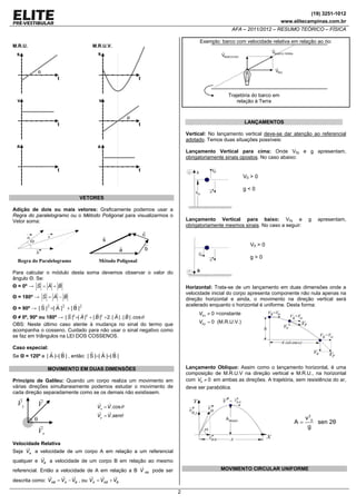 (19) 3251-1012
www.elitecampinas.com.br

AFA – 2011/2012 – RESUMO TEÓRICO – FÍSICA
M.R.U.

Exemplo: barco com velocidade relativa em relação ao rio:

M.R.U.V.

s

s

VBARCO-TERRA

VBARCO-RIO

VRIO

α
t

t

v

Trajetória do barco em
relação à Terra

v
α
t

LANÇAMENTOS

t

Vertical: No lançamento vertical deve-se dar atenção ao referencial
adotado. Temos duas situações possíveis:
a

a

Lançamento Vertical para cima: Onde V0y e g apresentam,
obrigatoriamente sinais opostos. No caso abaixo:

t

t

V0 > 0
g<0
VETORES
Adição de dois ou mais vetores: Graficamente podemos usar a
Regra do paralelogramo ou o Método Poligonal para visualizarmos o
Vetor soma:

g

apresentam,

c

s

a
Regra do Paralelogramo

Lançamento Vertical para baixo: V0y e
obrigatoriamente mesmos sinais. No caso a seguir:

V0 > 0

b

g>0

Método Poligonal

Para calcular o módulo desta soma devemos observar o valor do
ângulo Θ. Se:
Θ = 0º → S = A + B

Horizontal: Trata-se de um lançamento em duas dimensões onde a
velocidade inicial do corpo apresenta componente não nula apenas na
direção horizontal e ainda, o movimento na direção vertical será
acelerado enquanto o horizontal é uniforme. Desta forma:

Θ = 180º → S = A − B
Θ = 90º → | S | 2 =| A | 2 + | B | 2

V0 x ≠ 0 =constante

Θ ≠ 0º, 90º ou 180º → | S |2 =| A |2 + | B |2 +2. | A | . | B | .cosθ
OBS: Neste último caso atente à mudança no sinal do termo que
acompanha o cosseno. Cuidado para não usar o sinal negativo como
se faz em triângulos na LEI DOS COSSENOS.

V0 y = 0 (M.R.U.V.)

Caso especial:
Se Θ = 120º e | A |=| B | , então: | S |=| A |=| B |
Lançamento Obliquo: Assim como o lançamento horizontal, é uma
composição de M.R.U.V na direção vertical e M.R.U., na horizontal
com V0 ≠ 0 em ambas as direções. A trajetória, sem resistência do ar,

MOVIMENTO EM DUAS DIMENSÕES
Princípio de Galileu: Quando um corpo realiza um movimento em
várias direções simultaneamente podemos estudar o movimento de
cada direção separadamente como se os demais não existissem.

Vy

V

deve ser parabólica.

Vx = V .cosθ
Vy = V .senθ

θ

A=

Vx

v 20
sen 2θ
g

Velocidade Relativa
Seja VA a velocidade de um corpo A em relação a um referencial
qualquer e VB a velocidade de um corpo B em relação ao mesmo
MOVIMENTO CIRCULAR UNIFORME

referencial. Então a velocidade de A em relação a B V AB pode ser
descrita como: VAB = VA − VB , ou VA = VAB + VB
2

 