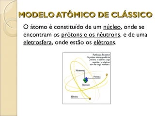 MODELO ATÔMICO DE CLÁSSICO
O átomo é constituído de um núcleo, onde se
encontram os prótons e os nêutrons, e de uma
eletrosfera, onde estão os elétrons.

 