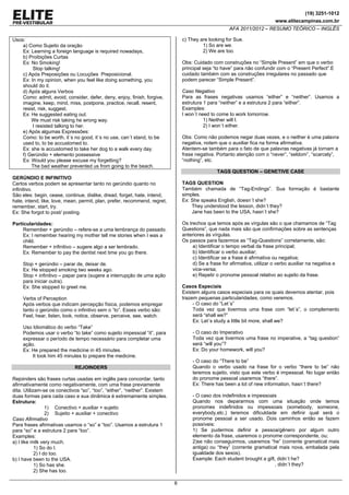(19) 3251-1012
www.elitecampinas.com.br
AFA 2011/2012 – RESUMO TEÓRICO – INGLÊS
6
Usos:
a) Como Sujeito da oração
Ex: Learning a foreign language is required nowadays,
b) Proibições Curtas
Ex: No Smoking!
Stop talking!
c) Após Preposições ou Locuções Preposicional.
Ex: In my opinion, when you feel like doing something, you
should do it.
d) Após alguns Verbos
Como: admit, avoid, consider, defer, deny, enjoy, finish, forgive,
imagine, keep, mind, miss, postpone, practice, recall, resent,
resist, risk, suggest,
Ex: He suggested eating out.
We must risk taking he wrong way.
I resisted talking to her.
e) Após algumas Expressões:
Como: to be worth, it´s no good, it´s no use, can´t stand, to be
used to, to be accustomed to.
Ex: she is accustomed to take her dog to a walk every day.
f) Gerúndio + elemento possessive
Ex: Would you please excuse my forgetting?
The bad weather prevented us from going to the beach.
GERÚNDIO E INFINITIVO
Certos verbos podem se apresentar tanto no gerúndio quanto no
infinitivo.
São eles: begin, cease, continue, dislike, dread, forget, hate, intend,
hate, intend, like, love, mean, permit, plan, prefer, recommend, regret,
remember, start, try.
Ex: She forgot to post/ posting.
Particularidades:
Remember + gerúndio – refere-se a uma lembrança do passado.
Ex: I remember hearing my mother tell me stories when I was a
child.
Remember + infinitivo – sugere algo a ser lembrado.
Ex: Remember to pay the dentist next time you go there.
Stop + gerúndio – parar de, deixar de.
Ex: He stopped smoking two weeks ago.
Stop + infinitivo – papar para (sugere a interrupção de uma ação
para iniciar outra).
Ex: She stopped to greet me.
Verbs of Perception
Após verbos que indicam percepção física, podemos empregar
tanto o gerúndio como o infinitivo sem o “to”. Esses verbo são:
Feel, hear, listen, look, notice, observe, perceive, see, watch.
Uso Idiomático do verbo “Take”
Podemos usar o verbo “to take” como sujeito impessoal “it”, para
expressar o período de tempo necessário para completar uma
ação.
Ex: He prepared the medicine in 45 minutes.
It took him 45 minutes to prepare the medicine.
REJOINDERS
Rejoinders são frases curtas usadas em inglês para concordar, tanto
afirmativamente como negativamente, com uma frase previamente
dita. Utilizam-se os conectivos “so”, “too”, “either”, “neither”. Existem
duas formas para cada caso e sua dinâmica é extremamente simples.
Estrutura:
1) Conectivo + auxiliar + sujeito
2) Sujeito + auxiliar + conectivo
Caso Afirmativo
Para frases afirmativas usamos o “so” e “too”. Usamos a estrutura 1
para “so” e a estrutura 2 para “too”.
Examples:
a) I like milk very much.
1) So do I.
2) I do too.
b) I have been to the USA.
1) So has she.
2) She has too.
c) They are looking for Sue.
1) So are we.
2) We are too.
Obs: Cuidado com construções no “Simple Present” em que o verbo
principal seja “to have” para não confundir com o “Present Perfect”.E
cuidado também com as construções irregulares no passado que
podem parecer “Simple Present”.
Caso Negativo
Para as frases negativas usamos “either” e “neither”. Usamos a
estrutura 1 para “neither” e a estrutura 2 para “either”.
Examples:
I won´t need to come to work tomorrow.
1) Neither will I.
2) I won´t either.
Obs: Como não podemos negar duas vezes, e o neither é uma palavra
negativa, notem que o auxiliar fica na forma afirmativa.
Atentem-se também para o fato de que palavras negativas já tornam a
frase negativa. Portanto atenção com o “never”, “seldom”, “scarcely”,
“nothing”, etc.
TAGS QUESTION – GENETIVE CASE
TAGS QUESTION
Também chamada de “Tag-Endings”. Sua formação é bastante
simples.
Ex: She speaks English, doesn´t she?
They understood the lesson, didn´t they?
Jane has been to the USA, hasn´t she?
Os trechos que temos após as vírgulas são o que chamamos de “Tag
Questions”, que nada mais são que confirmações sobre as sentenças
anteriores às vírgulas.
Os passos para fazermos as “Tag-Questions” corretamente, são:
a) Identificar o tempo verbal da frase principal;
b) Identificar o verbo auxiliar;
c) Identificar se a frase é afirmativa ou negativa;
d) Se a frase for afirmativa, utilizar o verbo auxiliar na negativa e
vice-versa;
e) Repetir o pronome pessoal relativo ao sujeito da frase.
Casos Especiais
Existem alguns casos especiais para os quais devemos atentar, pois
trazem pequenas particularidades, como veremos.
- O caso do “Let´s”
Toda vez que tivermos uma frase com “let´s”, o complemento
será “shall we?”
Ex: Let´s study a little bit more, shall we?
- O caso do Imperativo
Toda vez que tivermos uma frase no imperative, a “tag question”
será “will you”?
Ex: Do your homework, will you?
- O caso do “There to be”
Quando o verbo usado na frase for o verbo “there to be” não
teremos sujeito, visto que este verbo é impessoal. No lugar então
do pronome pessoal usaremos “there”.
Ex: There has been a lot of new information, hasn´t there?
- O caso dos indefinidos e impessoais
Quando nos depararmos com uma situação onde temos
pronomes indefinidos ou impessoais (somebody, someone,
everybody,etc.) teremos dificuldade em definir qual será o
pronome pessoal a ser usado. Dois caminhos então se fazem
possíveis:
1) Se pudermos definir a pessoa/gênero por algum outro
elemento da frase, usaremos o pronome correspondente, ou;
2)se não conseguirmos, usaremos “he” (corrente gramatical mais
antiga) ou “they” (corrente gramatical mais nova, embalada pela
igualdade dos sexos).
Example: Each student brought a gift, didn´t he?
, didn´t they?
 