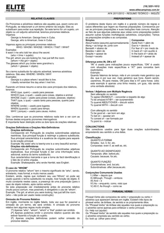 (19) 3251-1012
www.elitecampinas.com.br
AFA 2011/2012 – RESUMO TEÓRICO – INGLÊS
9
RELATIVE CLAUSES
Os Pronomes e advérbios relativos são aqueles que, assim como em
Português, se relacionam a um termo anterior da oração. Eles os
substituem para evitar sua repetição. Se este termo for um sujeito, um
objeto ou um adjunto adnominal, teremos pronomes relativos.
Vejamos:
George is American. George lives in Cuba.
George, who is American, lives in Cuba.
Vejamos agora os principais pronomes relativos:
WHO / WHOM / WHOSE / WHICH / THAT / WHAT
Examples:
It wasn´t me who told her about the secret.
(who = I/me = sujeito)
The girl, whom you are looking for, has just left the room.
(whom = the girl = objeto)
The glasses which you broke were grandma´s.
(which = glasses = objeto)
Se o termo substituído for adjunto adverbial, teremos advérbios
relativos. São eles: WHERE / WHEN / WHY
Examples:
Georgia is a place where I would like to live.
I clearly remember the day when I met him.
Fazendo um breve resumo a cerca dos usos principais dos relativos,
teremos:
WHO (que, quem) – usado para pessoas
WHICH (que, o qual) – usado para coisas, objetos e animal.
WHOSE (cujo) – usado para posse (coisas, pessoas, objetos)
THAT (que, o qual) – usado tanto para pessoas, quanto para
objetos.
WHERE (onde) – usado para lugares.
WHEN (quando) – usado para tempo.
WHY ( porque) – usado para causa, motivo.
Obs: Lembre-se que os pronomes relativos nada tem a ver com as
formas destes enquanto pronomes interrogativos.
É importante fazer distinção entre os dois tipos de orações relativas:
Orações Definidoras e Orações Não-Definidoras
Orações definidoras
Corresponde em Português às orações subordinadas adjetivas
restritivas. Sua principal função é restringir a palavra substituída.
Sua principal característica é a ausência de vírgulas para separá-
la da oração principal.
Example: My sister who is twenty-one is a very beautiful woman.
Orações não-definidoras
Corresponde em Português às orações subordinadas adjetivas
explicativas. Sua principal função é dar uma informação extra,
adicional, acerca do termo substituído.
Sua característica marcante e que a torna de fácil identificação é
o fato de vir entre vírgulas.
Example: Shakespeare, who wrote Hamlet, was English.
O caso do “WHOM”
O pronome relativo “whom” tem o mesmo significado de “who”, sendo,
entretanto, mais formal, e muito menos usado.
Existem, ainda, regras que norteiam seu uso.”Whom” só pode ser
usado quando o termo substituído na oração, tiver função de objeto. É
muito constante nestes casos, a presença de uma preposição (para o
caso de objeto indireto, após certos verbos).
Se esta preposição vier imediatamente antes do pronome relativo
(muito pouco comum, mas possível), é obrigatório o uso de “whom”.
Example: The girl, at whom you were looking, has just left the room.
(who – não pode ser usado nesta construção)
Omissão do Pronome Relativo
Em inglês, mormente no inglês falado, toda vez que for possível a
omissão de um termo, ele será omitido. A omissão do pronome
relativo tem algumas regras muito simples.
1ª) Apenas “who”, “whom”, “which” e “that” podem ser omitido.
2ª) Apenas podemos omitir o pronome relativo quando ele não
estiver fazendo a função do sujeito.
3ª) Apenas orações definidoras podem sofrer omissão do
pronome relativo.
PREPOSITIONS
O problema deste tópico em inglês é o grande número de regras e
casos diferentes que regem as mesmas preposições. Comecemos por
ver as principais preposições e suas traduções mais comuns. Atenção
ao fato de que algumas palavras aqui vistas como preposições podem
assumir outras funções morfológicas (advérbios, conjunções). Temos
as preposições simples e as compostas.
Simples
About=sobre (assunto),aproximadamente
Along = ao longo de, junto com
Beneath = abaixo de
Besides = além de
Despite = apesar de
Except = exceto
Compostas
Aside from = além de
Due to = devido à
For fear of = por medo de
In back of = em auxílio à
In the back of = atrás de
Instead of = apesar de
Diferença entre IN, ON e AT
“IN” é usado para indicações pouco específicas, “ON” é usado
com situações mais específicas e “AT” para conceitos bem
explicitados.
Exemplo:
Quando falamos de tempo, mês é um conceito mais genérico que
dia, que é por sua vez, mais genérico que hora. Assim sendo,
usaremos, IN para meses, ON para dias e AT para horas. (obs:
este exemplo é apenas uma linha mestra, um guia, não sendo
uma verdade absoluta)
Verbos / Adjetivos com Múltipla Regência
Sem alteração no sentido
To agree ON/ABOUT – concordar a respeito de algo
To be amazed AT/BY – ser surpreendido
To quarrel ABOUT/OVER – discutir sobre
To quarrel WITH – discutir com
Com alteração no sentido
To be good at – ser bom em algo
To bet on – apostar em
To consist of – ser formado por
To point to – indicar
CONJUNCTIONS
São conectivos usados para ligar duas orações subordinadas,
emprestando seu sentido a uma delas.
Classificação
QUANTO À FORMA
Simples : but, it, for, etc.
Compostas: even if, as well as, etc.
QUANTO AO SIGNIFICADO
Temporais: after, before,etc.
Causais: because, for,etc.
QUANTO FUNÇÃO
Coordenativas: and, but,etc.
Subordinativas: after,because,etc.
Conjunções Comumente Usadas
I ) After – depois que
II) Although, Though – embora
III) And – e
IV) As – enquanto, como, visto que
V) AS if, As though – como se
PHRASAL VERBS
Phrasal Verbs são compostos de verbo + preposição ou verbo +
advérbio que aparecem demais em inglês. Existem três tipos de
phrasal verbs: de ênfase, de sentido e os propriamente ditos.
Os “Phrasal Verbs” de ênfase são aqueles nos quais a preposição ou
o advérbio serve apenas para enfatizar o verbo principal.
Ex: Help out (ajudar)
Os “Phrasal Verbs” de sentido são aqueles nos quais a preposição ou
o advérbio empresta seu sentido ao verbo.
Ex: look up (olhar para cima)
 