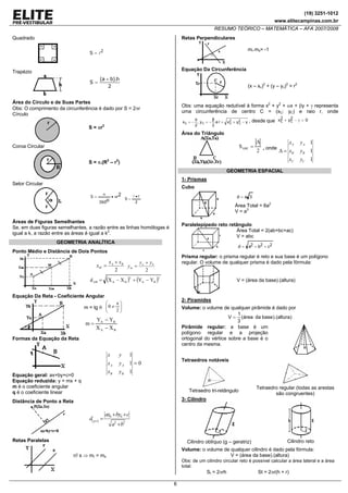 (19) 3251-1012
www.elitecampinas.com.br
RESUMO TEÓRICO – MATEMÁTICA – AFA 2007/2008
6
Quadrado
2
S =
Trapézio
2
h).ba(
S
+
=
Área do Círculo e de Suas Partes
Obs: O comprimento da circunferência é dado por S = 2πr
Círculo
S = πr2
Coroa Circular
S = π.(R2
– r2
)
Setor Circular
2
o
r
360
S π•
α
=
2
r
S
•
=
Áreas de Figuras Semelhantes
Se, em duas figuras semelhantes, a razão entre as linhas homólogas é
igual a k, a razão entre as áreas é igual a k2
.
GEOMETRIA ANALÍTICA
Ponto Médio e Distância de Dois Pontos
2
A B
M
x x
x
+
=
2
ba
m
yy
y
+
=
( ) ( )2
BA
2
BAAB YYXXd −+−=
Equação Da Reta - Coeficiente Angular
m = tg θ ⎟⎟
⎠
⎞
⎜⎜
⎝
⎛ π
≠θ
2
BA
BA
XX
YY
m
−
−
=
Formas da Equação da Reta
Equação geral: ax+by+c=0
Equação reduzida: y = mx + q
m é o coeficiente angular
q é o coeficiente linear
1
1 0
1
A A
B B
x y
x y
x y
=
Distância de Ponto a Reta
( )
0 0
, 2 2p r
ax by c
d
a b
+ +
=
+
Retas Paralelas
r// s ⇒ mr = ms
Retas Perpendiculares
mr.ms= -1
Equação Da Circunferência
(x – xc)2
+ (y – yc)2
= r2
Obs: uma equação redutível à forma x2
+ y2
+ αx + βy + γ representa
uma circunferência de centro C = (xC; yC) e raio r, onde
γyxre
2
β
y,
2
α
x 2
C
2
CCC −+=−=−= , desde que 02
cy2
cx >γ−+
Área do Triângulo
2
SABC
Δ
= , onde
1
1
1
A A
B B
C C
x y
x y
x y
Δ =
GEOMETRIA ESPACIAL
1- Prismas
Cubo
3ad =
Área Total = 6a2
V = a3
Paralelepípedo reto retângulo
Área Total = 2(ab+bc+ac)
V = abc
2c2b2ad ++=
Prisma regular: o prisma regular é reto e sua base é um polígono
regular. O volume de qualquer prisma é dado pela fórmula:
V = (área da base).(altura)
2- Piramides
Volume: o volume de qualquer pirâmide é dado por
)altura).(basedaárea(
3
1
V =
Pirâmide regular: a base é um
polígono regular e a projeção
ortogonal do vértice sobre a base é o
centro da mesma.
Tetraedros notáveis
Tetraedro tri-retângulo
Tetraedro regular (todas as arestas
são congruentes)
3- Cilindro
Cilindro oblíquo (g – geratriz) Cilindro reto
Volume: o volume de qualquer cilindro é dado pela fórmula:
V = (área da base).(altura)
Obs: de um cilindro circular reto é possível calcular a área lateral e a área
total:
St = 2πrh St = 2πr(h + r)
 
