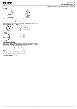 (19) 3251-1012
www.elitecampinas.com.br
RESUMO TEÓRICO – MATEMÁTICA – AFA 2007/2008
7
4- Cone
Cone oblíquo Cone reto
Volume: o volume de qualquer cone é dado por:
)altura).(basedaárea(
3
1
V =
Área lateral: num cone reto, a planificação da superfície lateral é um
setor circular cujo raio é a geratriz.
Área lateral = πrg
Área Total = πr(g + r)
g
r2π
=θ (θ em radianos)
5- Esfera
área = 4πr2
3
E r
3
4
V π=
6- Sólidos semelhantes
São sólidos que possuem lados homólogos (correspondentes)
proporcionais. A razão de semelhança k entre esses sólidos é a razão
entre dois elementos lineares homólogos. Assim:
2 31 1
2 2
A Vh
k k k
H A V
= = =
Onde:
h, A1, V1 – altura, área, volume do menor sólido;
H, A2, V2 – altura, área, volume do maior sólido.
7- Relação de Euler: V – A + F = 2
 