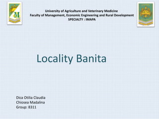 University of Agriculture and Veterinary Medicine
Faculty of Management, Economic Engineering and Rural Development
SPECIALTY : IMAPA
Locality Banita
Dica Otilia Claudia
Chiosea Madalina
Group: 8311
 