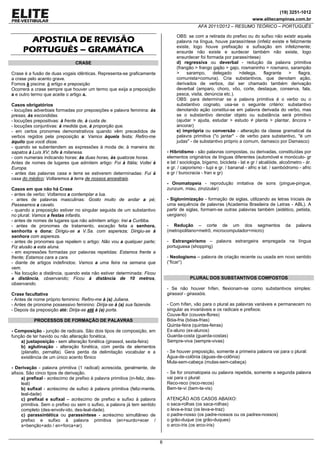 (19) 3251-1012
www.elitecampinas.com.br
AFA 2011/2012 – RESUMO TEÓRICO – PORTUGUÊS
6
APOSTILA DE REVISÃO
PORTUGUÊS – GRAMÁTICA
CRASE
Crase é a fusão de duas vogais idênticas. Representa-se graficamente
a crase pelo acento grave.
Fomos à piscina: à artigo e preposição
Ocorrerá a crase sempre que houver um termo que exija a preposição
a e outro termo que aceite o artigo a.
Casos obrigatórios
- locuções adverbiais formadas por preposições e palavra feminina: às
presas, às escondidas.
- locuções prepositivas: à frente de, à custa de.
- locuções conjuntivas: à medida que, à proporção que.
- em certos pronomes demonstrativos quando vêm precedidos de
verbos regidos pela preposição a: Vamos àquela festa; Refiro-me
àquilo que você disse.
- quando se subentendem as expressões à moda de; à maneira de:
sapatos à Luís XV; bife à milanesa.
- com numerais indicando horas: às duas horas, às quatorze horas.
Antes de nomes de lugares que admitem artigo: Foi à Itália; Voltei à
Europa.
- antes das palavras casa e terra se estiverem determinadas: Fui à
casa do médico; Voltaremos à terra de nossos ancestrais.
Casos em que não há Crase
- antes de verbo: Voltamos a contemplar a lua.
- antes de palavras masculinas: Gosto muito de andar a pé;
Passeamos a cavalo.
- quando a preposição estiver no singular seguida de um substantivo
no plural: Vamos a festas infantis.
- antes de nomes de lugares que não admitem artigo: Irei a Curitiba.
- antes de pronomes de tratamento, exceção feita a senhora,
senhorita e dona: Dirigiu-se a V.Sa. com aspereza; Dirigiu-se à
senhora com aspereza.
- antes de pronomes que repelem o artigo: Não vou a qualquer parte;
Fiz alusão a esta aluna.
- em expressões formadas por palavras repetidas: Estamos frente a
frente; Estamos cara a cara.
- diante de artigos indefinidos: Vamos a uma feira na semana que
vem.
- Na locução a distância, quando esta não estiver determinada: Ficou
a distância, observando; Ficou à distância de 10 metros,
observando.
Crase facultativa
- Antes de nome próprio feminino: Refiro-me à (a) Juliana.
- Antes de pronome possessivo feminino: Dirija-se à (a) sua fazenda.
- Depois da preposição até: Dirija-se até à (a) porta.
PROCESSOS DE FORMAÇÃO DE PALAVRAS
- Composição - junção de radicais. São dois tipos de composição, em
função de ter havido ou não alteração fonética.
a) justaposição - sem alteração fonética (girassol, sexta-feira)
b) aglutinação - alteração fonética, com perda de elementos
(planalto, pernalta). Gera perda da delimitação vocabular e a
existência de um único acento fônico
- Derivação - palavra primitiva (1 radical) acrescida, geralmente, de
afixos. São cinco tipos de derivação.
a) prefixal - acréscimo de prefixo à palavra primitiva (in-feliz, des-
leal)
b) sufixal - acréscimo de sufixo à palavra primitiva (feliz-mente,
leal-dade)
c) prefixal e sufixal – acréscimo de prefixo e sufixo à palavra
primitiva. Sem o prefixo ou sem o sufixo, a palavra já tem sentido
completo (des-envolv-ido, des-leal-dade).
c) parassintética ou parassíntese - acréscimo simultâneo de
prefixo e sufixo à palavra primitiva (en+surdo+ecer /
a+benção+ado / en+forca+ar).
OBS: se com a retirada do prefixo ou do sufixo não existir aquela
palavra na língua, houve parassíntese (infeliz existe e felizmente
existe, logo houve prefixação e sufixação em infelizmente;
ensurde não existe e surdecer também não existe, logo
ensurdecer foi formada por parassíntese)
d) regressiva ou deverbal - redução da palavra primitiva
(frangão > frango gajão > gajo, rosmaninho > rosmano, sarampão
> sarampo, delegado >delega, flagrante > flagra,
comunista>comuna). Cria substantivos, que denotam ação,
derivados de verbos, daí ser chamado também derivação
deverbal (amparo, choro, vôo, corte, destaque, conserva, fala,
pesca, visita, denúncia etc.).
OBS: para determinar se a palavra primitiva é o verbo ou o
substantivo cognato, usa-se o seguinte critério: substantivo
denotando ação constitui-se em palavra derivada do verbo, mas
se o substantivo denotar objeto ou substância será primitivo
(ajudar > ajuda, estudar > estudo ≠ planta > plantar, âncora >
ancorar)
e) imprópria ou conversão - alteração da classe gramatical da
palavra primitiva ("o jantar" - de verbo para substantivo, "é um
judas" - de substantivo próprio a comum, damasco por Damasco)
- Hibridismo - são palavras compostas, ou derivadas, constituídas por
elementos originários de línguas diferentes (automóvel e monóculo- gr
e lat / sociologia, bígamo, bicicleta - lat e gr / alcalóide, alcoômetro - ár.
e gr. / caiporismo - tupi e gr. / bananal - afric e lat. / sambódromo - afric
e gr / burocracia - fran e gr)
- Onomatopeia - reprodução imitativa de sons (pingue-pingue,
zunzum, miau, zinzizular)
- Siglonimização - formação de siglas, utilizando as letras iniciais de
uma sequência de palavras (Academia Brasileira de Letras - ABL). A
partir de siglas, formam-se outras palavras também (aidético, petista,
uergiano)
- Redução – corte de um dos segmentos da palavra
(metropolitano=metrô; microcomputador=micro)
- Estrangeirismo – palavra estrangeira empregada na língua
portuguesa (shopping)
- Neologismo – palavra de criação recente ou usada em novo sentido
(“ficar”)
PLURAL DOS SUBSTANTIVOS COMPOSTOS
- Se não houver hífen, flexionam-se como substantivos simples:
girassol - girassóis.
- Com hífen, vão para o plural as palavras variáveis e permanecem no
singular as invariáveis e os radicais e prefixos:
Couve-flor (couves-flores)
Bóia-fria (bóias-frias)
Quinta-feira (quintas-feiras)
Ex-aluno (ex-alunos)
Guarda-costa (guarda-costas)
Sempre-viva (sempre-vivas)
- Se houver preposição, somente a primeira palavra vai para o plural:
Água-de-colônia (águas-de-colônia)
Mula-sem-cabeça (mulas-sem-cabeça)
- Se for onomatopeia ou palavra repetida, somente a segunda palavra
vai para o plural:
Reco-reco (reco-recos)
Bem-te-vi (bem-te-vis)
ATENÇÃO AOS CASOS ABAIXO:
o saca-rolhas (os saca-rolhas)
o leva-e-traz (os leva-e-traz)
o padre-nosso (os padre-nossos ou os padres-nossos)
o grão-duque (os grão-duques)
o arco-íris (os arco-íris)
 