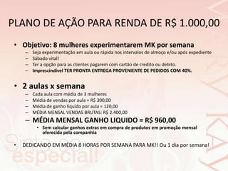 PLANO DE AÇÃO PARA RENDA DE R$ 1.000,00Objetivo: 8 mulheres experimentarem MK por semanaSeja experimentação em aula ou rápida nos intervalos de almoço e/ou após expedienteSábado vital!Ter a opção para as clientes pagarem com cartão de credito ou debito.Imprescindível TER PRONTA ENTREGA PROVENIENTE DE PEDIDOS COM 40%.2 aulas x semanaCada aula com média de 3 mulheres Média de vendas por aula = R$ 300,00Média de ganho liquido por aula = 120,00MÉDIA MENSAL VENDAS BRUTAS: R$ 2.400,00MÉDIA MENSAL GANHO LIQUIDO = R$ 960,00Sem calcular ganhos extras em compra de produtos em promoção mensal oferecida pela companhiaDEDICANDO EM MÉDIA 8 HORAS POR SEMANA PARA MK!! Ou 1 dia por semana!