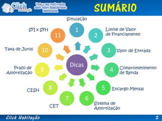 Dicas
1
2
3
4
5
67
8
9
10
11
Simulação
Encargo Mensal
Comprometimento
de Renda
Limite de Valor
de Financiamento
CESH
Siste...