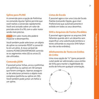 21

Spline para PLINE

Listas de Escala

A conversão para a opção de Polilinhas
no comando Ajustar Spline permite que
você realize a conversão rapidamente.
Você será avisado sobre um valor de
precisão entre 0 e 99, com o valor maior
sendo mais preciso.

É possível agora criar uma Lista de Escala
Padrão (comando Opção, guia User
Preferences) que automaticamente é
exibido em todos os seus desenhos.

NOTA Um valor muito alto poderá
impactar o desempenho.

É possível agora ignorar os arquivos SHX
faltantes quando abrir um desenho sem
especificar uma substituição (embora o
texto utilizando os arquivos SHX faltantes não serão exibidos).

Comando JOIN
É possível juntar linhas, arcos e polilinhas
em polilinhas ou splines em 3D sempre
que forem contíguos. Apenas assegurese de selecionar primeiro o objeto mais
complexo (polilinha ou spline em 3D).
Você também pode juntar um hélice a
um spline.

Alinhamento de Texto em Estilos
de Linha
Uma nova opção de “U” (para perpendicular) pode ser adicionada a seus estilos
de linha para manter a legibilidade do
estilo de linha em qualquer orientação.

Poupadores de Tempo Poderosos

Você também pode selecionar um objeto
de spline no comando PEDIT e convertêlo em um pline. A nova variável de
sistema PLINECONVERTMODE controla
se os segmentos retos (0) ou arcos (1)
são utilizados.

SHX e Arquivos de Fontes Perdidos

 
