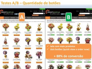 A B
 tela com mais produtos
 dois botões (quick view e order now)
+ 88% de conversão
B
 