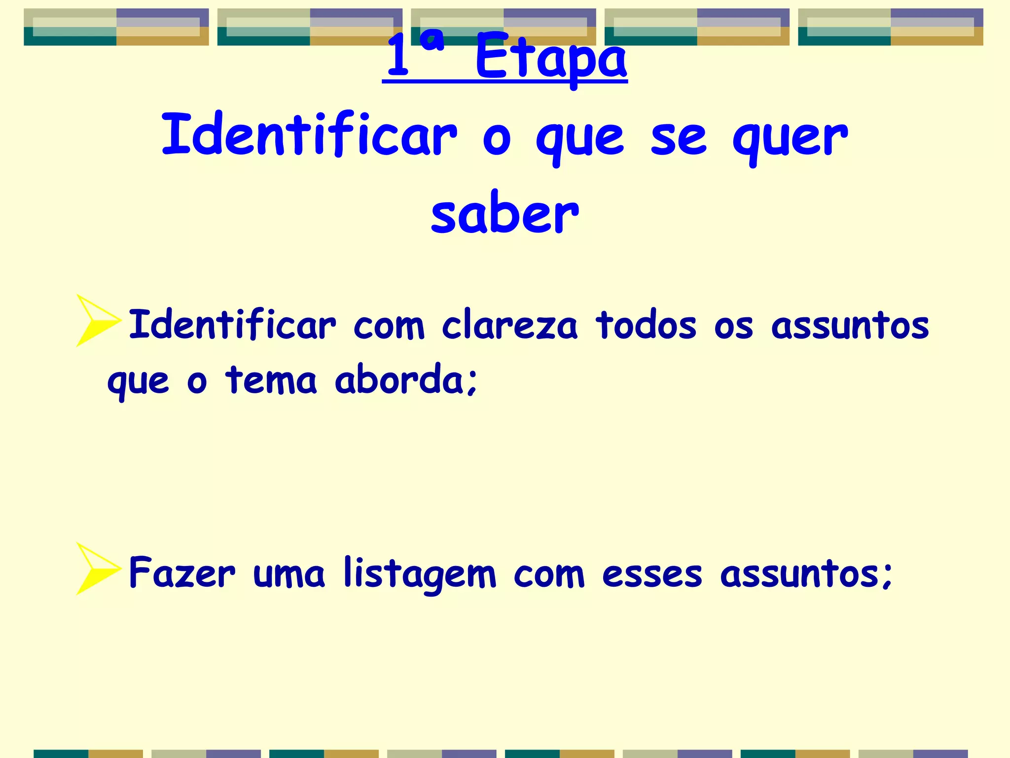 1ª Etapa Identificar o que se quer saber Identificar com clareza todos os assuntos que o tema aborda; Fazer uma listagem com esses assuntos; 