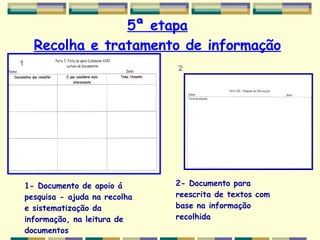 5ª etapa Recolha e tratamento de informação 1 2 1- Documento de apoio á pesquisa - ajuda na recolha  e sistematização da informação, na leitura de documentos 2- Documento para reescrita de textos com base na informação recolhida 
