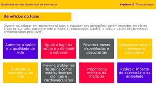 Divertir-se, relaxar em momentos só seus e esquecer das obrigações, geram impactos em várias
áreas da sua vida, especialmente a médio e longo prazos. Confira, a seguir, alguns dos benefícios
proporcionados pelo lazer:
Aumenta a saúde
e a qualidade de
vida
Ajuda a fugir da
rotina e a diminuir
o estresse
Favorece novas
experiências e
descobertas
Desenvolve novos
interesses e
habilidades
Aumenta a
expectativa de
vida
Previne problemas
de saúde como:
estafa, doenças
crônicas e
cardiovasculares
Proporciona
melhora da
memória
Reduz o impacto
da depressão e da
ansiedade
 