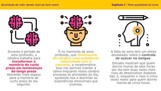 Durante o período de
sono profundo, o
cérebro trabalha para
transformar a
memória de curto
prazo em lembranças
de longo prazo
liberando mais espaço
para a memória de
curto prazo do dia
seguinte.
É no momento de sono
profundo, que eliminamos
do cérebro uma substância
relacionada com o
estresse, a noradrenalina.
Isso nos permite manter a
calma enquanto nosso cérebro
processa as atividades do dia,
ajudando-nos a assimilar as
experiências emocionais que
vivemos.
A falta de sono tem um efeito
devastador sobre o controle
de açúcar no sangue.
Estudos mostram que quem
dorme menos de sete horas
por dia tem duas vezes mais
risco de desenvolver diabetes
tipo 2, enquanto o risco é cinco
vezes maior para quem dorme
menos de cinco horas.
 