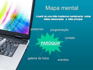 Mapa mental


             pastorais        programação

                                      contato
                    PARÓQUIA
formação



           galeria de fotos       eventos
 