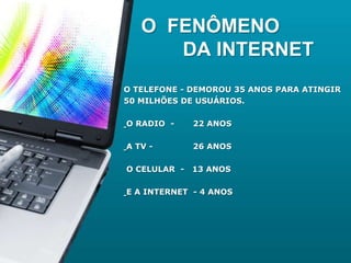 O FENÔMENO
      DA INTERNET
O TELEFONE - DEMOROU 35 ANOS PARA ATINGIR
50 MILHÕES DE USUÁRIOS.

O RADIO -     22 ANOS

A TV -        26 ANOS

O CELULAR -   13 ANOS

E A INTERNET - 4 ANOS
 