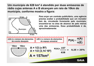 Um município de 628 km² é atendido por duas emissoras de
rádio cujas antenas A e B alcançam um raio de 10km do
município, conforme mostra a figura:
Para orçar um contrato publicitário, uma agência
precisa avaliar a probabilidade que um morador
tem de, circulando livremente pelo município,
encontrar-se na área de alcance de pelo menos
uma das emissoras. Essa probabilidade é de,
aproximadamente:

n(A) é o número de elementos
do evento desejado

10km

10km

n(E) é o número de elementos
do espaço amostral

A = 1/2 (π R2)
π
A = 1/2 (3,14 102)

A = 157km2

P(A)= 157

628

n(A)
P(A) =
n(E)
=

0,25 = 25%

 