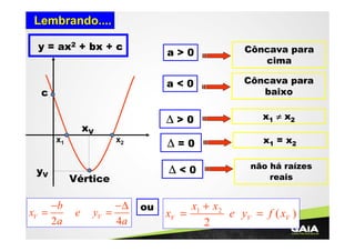 Lembrando....
y = ax2 + bx + c

a>0
a<0

x1

yV

−b
xV =
2a

Vértice

e

−∆
yV =
4a

ou

x1 = x2

∆<0

x2

x1 ≠ x2

∆=0

xV

Côncava para
baixo

∆>0

c

Côncava para
cima

não há raízes
reais

x1 + x 2
xV =
e yV = f ( xV )
2

 