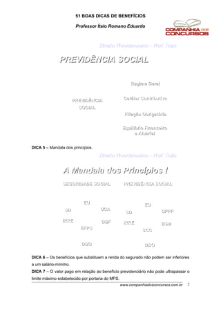 51 BOAS DICAS DE BENEFÍCIOS
Professor Ítalo Romano Eduardo
Direito Previdenciário - Prof. Ítalo
PREVIDÊNCIA SOCIALPREVIDÊNCIA SOCIAL
PREVIDÊNCIAPREVIDÊNCIA
SOCIALSOCIAL
Regime GeralRegime Geral
CarCarááter Contributivoter Contributivo
EquilEquilííbrio Financeirobrio Financeiro
e Atuariale Atuarial
FiliaFiliaçção Obrigatão Obrigatóóriaria
DICA 5 – Mandala dos princípios.
Direito Previdenciário - Prof. Ítalo
AA MandalaMandala dos Princdos Princíípios !pios !
SEGURIDADE SOCIALSEGURIDADE SOCIAL PREVIDÊNCIA SOCIALPREVIDÊNCIA SOCIAL
EFPCEFPC
EUEU
UCAUCA
DBFDBF
SDSD
IRREIRRE
SCCSCC
EUEU
UPPPUPPP
BSMBSM
SDSD
IRREIRRE
DDQDDQDDQDDQ
DICA 6 – Os benefícios que substituem a renda do segurado não podem ser inferiores
a um salário-mínimo.
DICA 7 – O valor pago em relação ao benefício previdenciário não pode ultrapassar o
limite máximo estabelecido por portaria do MPS.
www.companhiadosconcursos.com.br 2
 