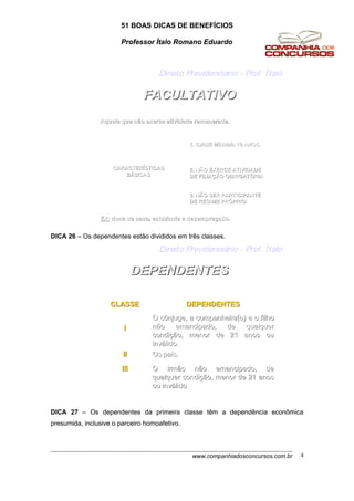 51 BOAS DICAS DE BENEFÍCIOS
Professor Ítalo Romano Eduardo
FACULTATIVOFACULTATIVO
Direito Previdenciário - Prof. Ítalo
Aquele que não exerce atividade remunerada.Aquele que não exerce atividade remunerada.
CARACTERCARACTERÍÍSTICASSTICAS
BBÁÁSICASSICAS
1. IDADE M1. IDADE MÍÍNIMA: 16 ANOSNIMA: 16 ANOS
2. NÃO EXERCE ATIVIDADE2. NÃO EXERCE ATIVIDADE
DE FILIADE FILIAÇÇÃO OBRIGATÃO OBRIGATÓÓRIARIA
3. NÃO SER PARTICIPANTE3. NÃO SER PARTICIPANTE
DE REGIME PRDE REGIME PRÓÓPRIOPRIO
Ex:Ex: dona de casa, estudante e desempregado.dona de casa, estudante e desempregado.
DICA 26 – Os dependentes estão divididos em três classes.
DEPENDENTESDEPENDENTES
Direito Previdenciário - Prof. Ítalo
O irmão não emancipado, deO irmão não emancipado, de
qualquer condiqualquer condiçção, menor de 21 anosão, menor de 21 anos
ou invou inváálidolido
IIIIII
Os pais.Os pais.IIII
O cônjuge, a companheira(o) e o filhoO cônjuge, a companheira(o) e o filho
não emancipado, de qualquernão emancipado, de qualquer
condicondiçção, menor de 21 anos ouão, menor de 21 anos ou
invinváálido.lido.
II
DEPENDENTESDEPENDENTESCLASSECLASSE
DICA 27 – Os dependentes da primeira classe têm a dependência econômica
presumida, inclusive o parceiro homoafetivo.
www.companhiadosconcursos.com.br 4
 