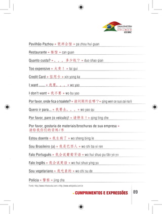 89 
Pavilhão Pazhou » 琶洲会馆 » pa zhou hui guan 
Restaurante » 餐馆 » can guan 
Quanto custa? » 。。。多少钱？ » duo shao qian 
Too expensive » 太贵！ » tai gui 
Credit Card » 信用卡 » xin yong ka 
I want ...... » 我要。。。» wo yao 
I don’t want » 我不要 » wo bu yao 
Por favor, onde fica o toalete? » 请问厕所在哪？» qing wen ce suo zai na li 
Quero ir para... » 我要去。。。» wo yao qu 
Por favor, pare (o veículo)! » 请停车！» qing ting che 
Por favor, gostaria de materiais/brochuras de sua empresa » 
请给我你们的资料/书 
Estou doente » 我生病了 » wo sheng bing le 
Sou Brasileiro (a) » 我是巴西人 » Falo Português » 我会说葡萄牙语 » Falo Inglês » 我会说英语 » wo hui shuo ying yu 
Sou vegetariano » 我吃素的 » wo chi su de 
Polícia » 警察 » jing cha 
wo shi ba xi ren 
wo hui shuo pu tão ya yu 
Fonte: http://www.infoescola.com e http://www.wikipedia.com.br 
CUMPRIMENTOS E EXPRESSÕES 
 