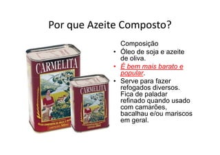 Por que Azeite Composto?
              Composição
            • Óleo de soja e azeite
              de oliva.
            • É bem mais barato e
              popular.
            • Serve para fazer
              refogados diversos.
              Fica de paladar
              refinado quando usado
              com camarões,
              bacalhau e/ou mariscos
              em geral.
 