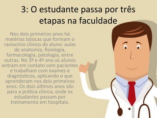 3:	
  O	
  estudante	
  passa	
  por	
  três	
  
                         etapas	
  na	
  faculdade	
  
    Nos	
  dois	
  primeiros	
  anos	
  há	
  
  matérias	
  básicas	
  que	
  formam	
  o	
  
 raciocínio	
  clínico	
  do	
  aluno:	
  aulas	
  
         de	
  anatomia,	
  ﬁsiologia,	
  
  farmacologia,	
  patologia,	
  entre	
  
 outras.	
  No	
  3º	
  e	
  4º	
  ano	
  os	
  alunos	
  
entram	
  em	
  contato	
  com	
  pacientes	
  
    e	
  trabalham	
  com	
  exames	
  e	
  
   diagnós?cos,	
  aplicando	
  o	
  que	
  
  aprenderam	
  nos	
  dois	
  primeiros	
  
  anos.	
  Os	
  dois	
  úl?mos	
  anos	
  são	
  
   para	
  a	
  prá?ca	
  clínica,	
  onde	
  os	
  
         estudantes	
  passam	
  por	
  
    treinamento	
  em	
  hospitais.	
  
 