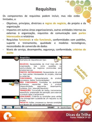 Requisitos
Os componentes de requisitos podem incluir, mas não estão
limitados, a:
- Objetivos, princípios, diretrizes e regras de negócio, do projeto e da
organização
- Impactos em outras áreas organizacionais, outras entidades internas ou
externas à organização, requisitos de comunicação com partes
interessadas e relatórios
- Requisitos funcionais e não funcionais, conformidades com padrões,
suporte e treinamento, qualidade e modelos tecnológicos,
necessidades de conversão de dados
- Níveis de serviço, desempenho, segurança, conformidade, critérios de
aceite
Dicas da Trilha
Fonte: PMBOK 5ª ED
 