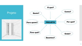 13
Projeto
PROJETO
O que?
Como?
Por quê?
Onde?
Quantos?
Para quê?
Para quem?
Quais?
 